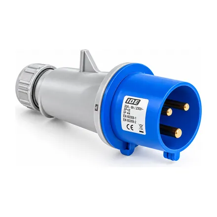 IDE industrial portable plug, IP44, 2P+E, 220V, 32A, 6h