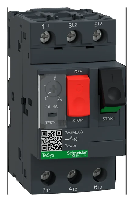 TeSys GV2ME motor circuit breaker, thermal-magnetic, 2.5-4A, push buttons