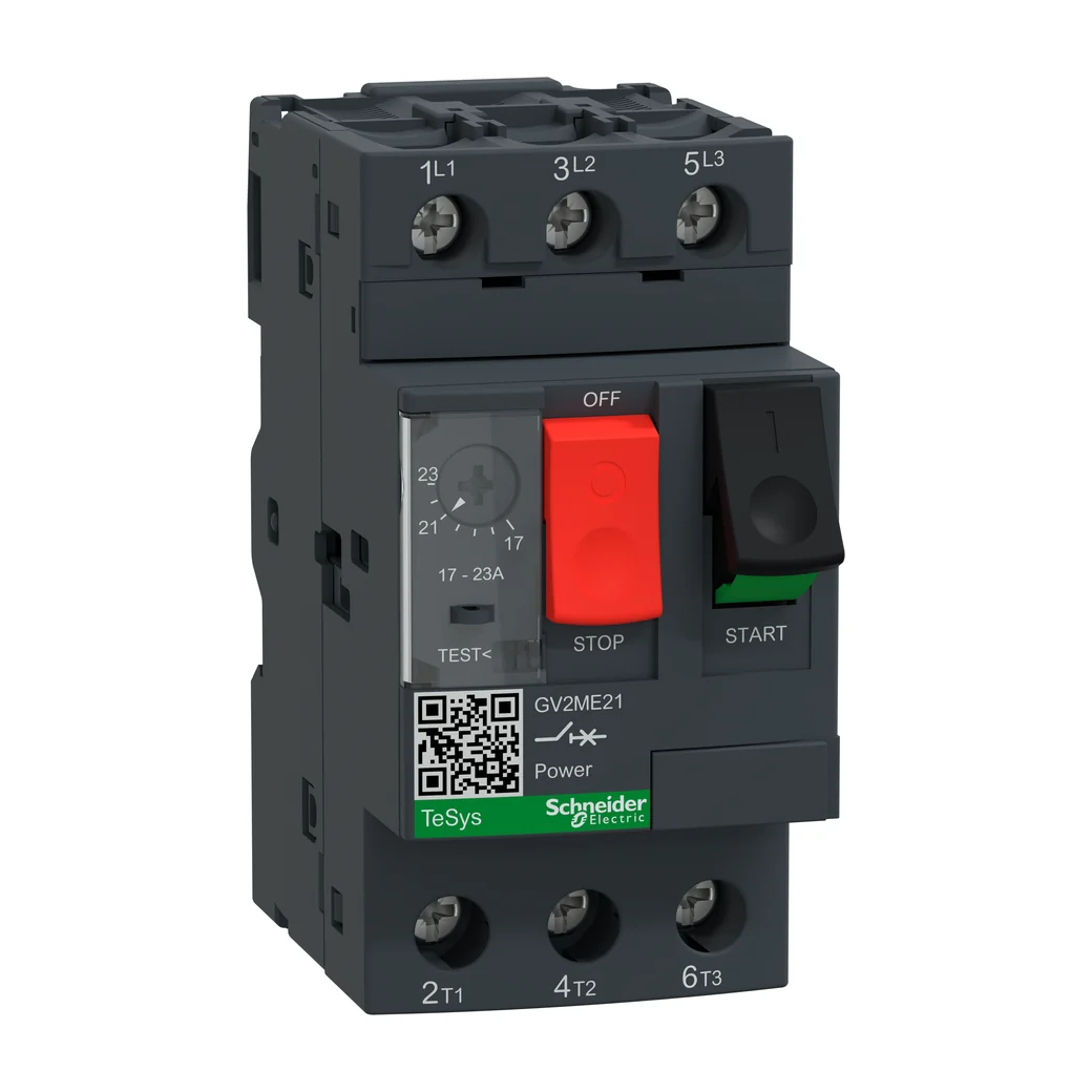 TeSys GV2ME motor circuit breaker, thermal-magnetic, 17-23A, push buttons