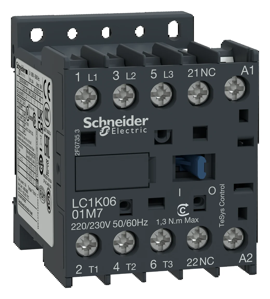 ملامس ⁨TeSys K⁩، ⁨3⁩ أقطاب، ⁨9A AC-3⁩، ⁨4⁩ كيلوواط، ⁨1NC⁩، ملف ⁨220V AC⁩